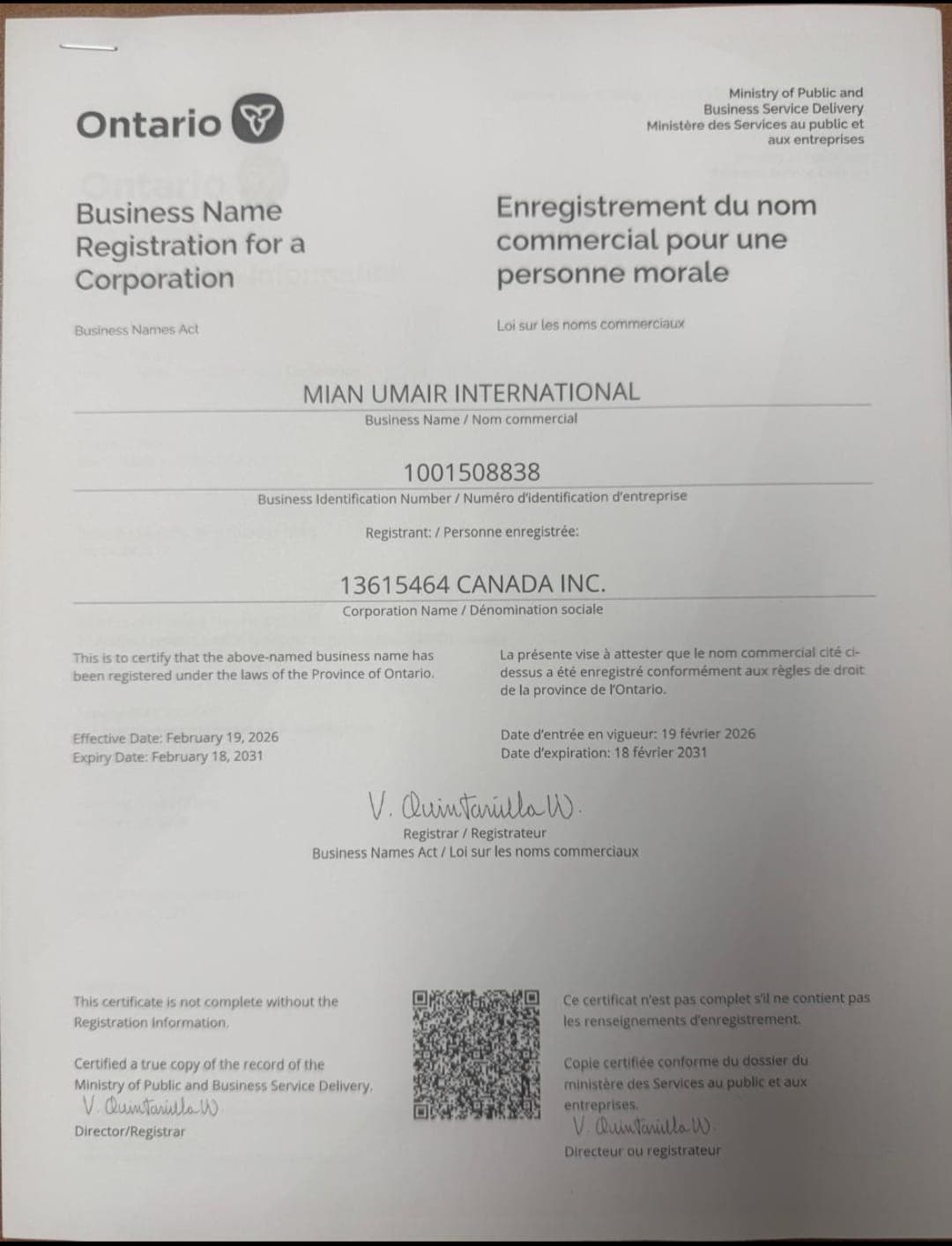 Ontario Business Name Registration certificate for Mian Umair International